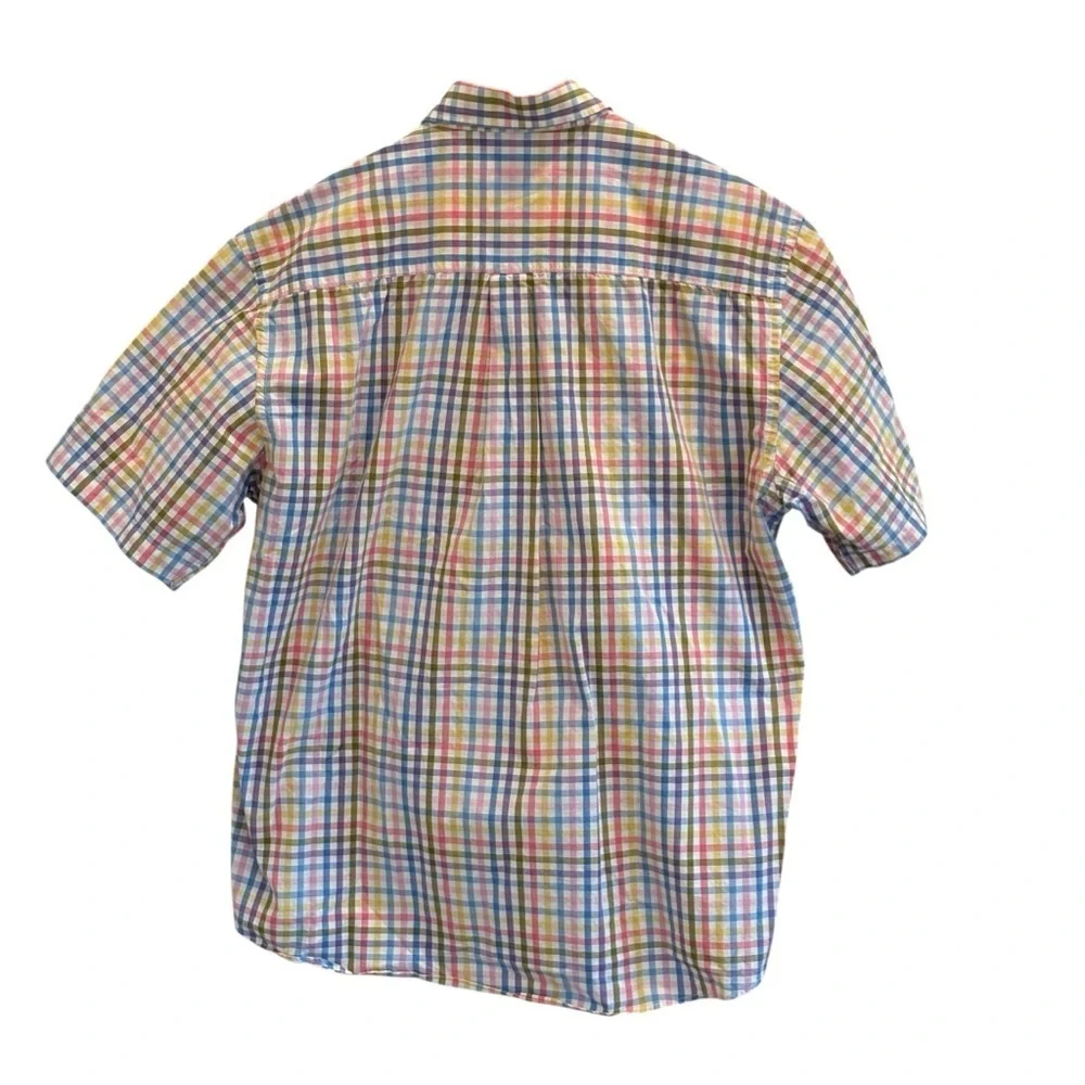 Alan Flusser Plaid Check Short Sleeve Shirt Men Large 100% Cotton Button Front
